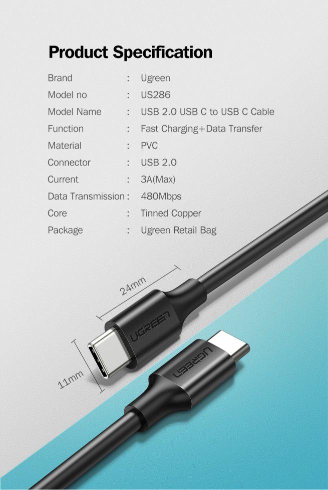 Кабель UGREEN US286 Type-C 18W Black (50997) - фото 12 Кабель UGREEN US286 Type-C 18W Black (50997) - фото 12