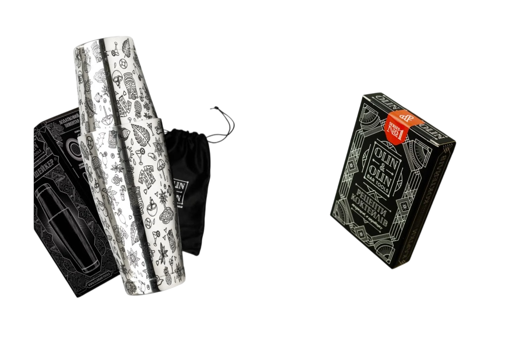 Подарунковий барний набір Olin&Olin бостон шейкер Тікі для приготування коктейлів та комплект карток №1 з рецептами (6732-KI-Sh-t-St-1)