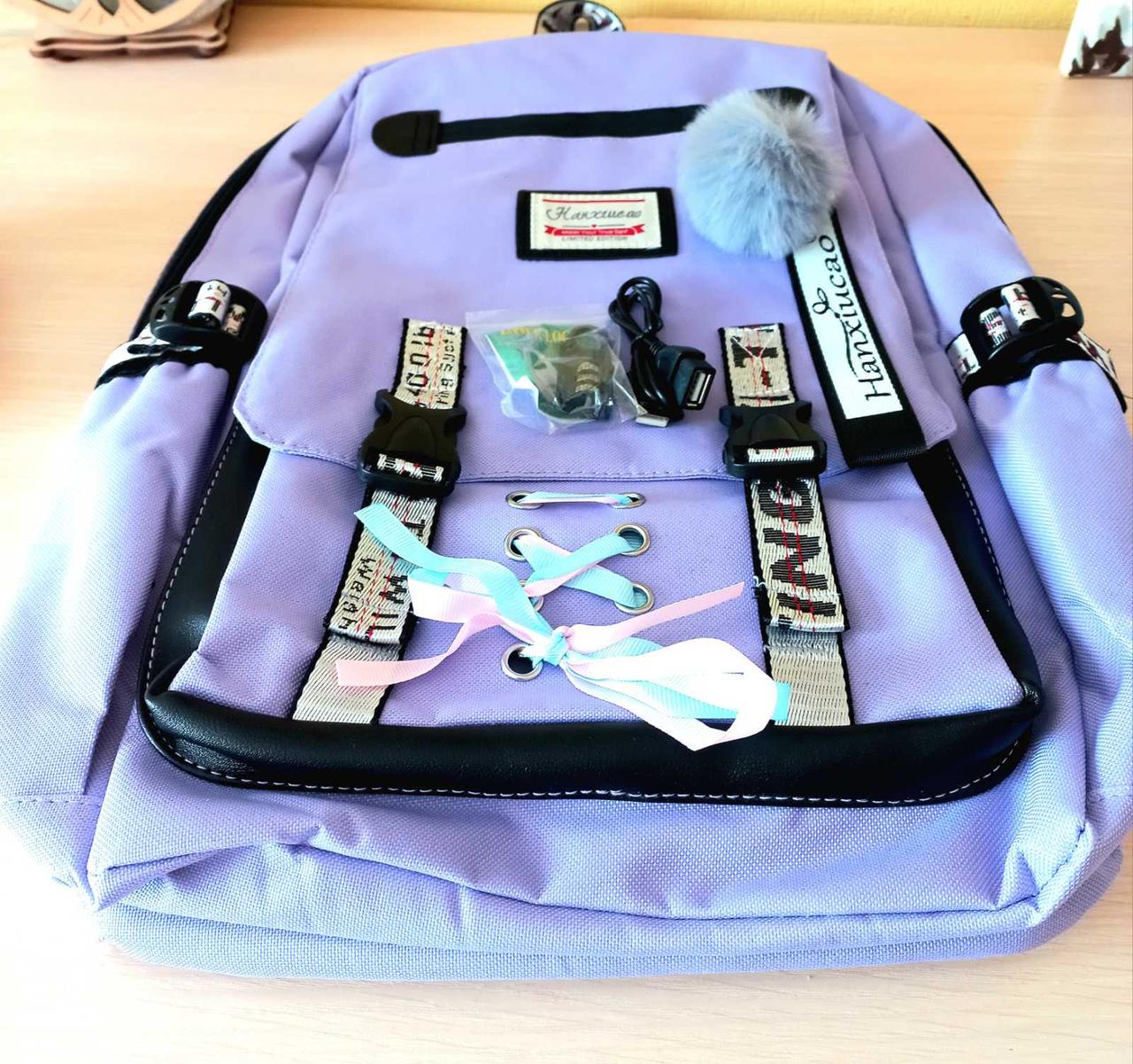 Шкільний рюкзак для дівчинки Harvard з USB портом/замочком і хутряним помпоном Бузковий (2696942249) - фото 2