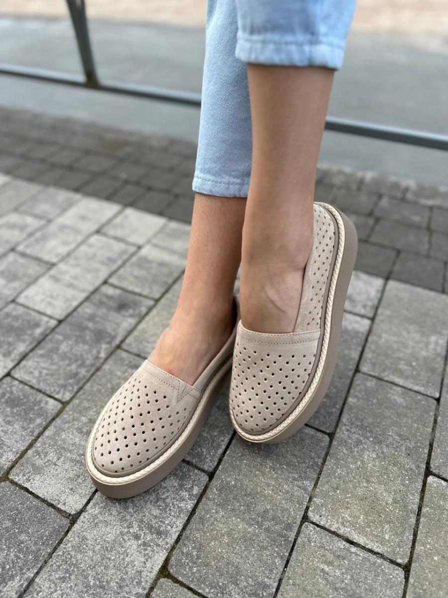 Слипоны женские из нубука с перфорацией р. 39 Бежевый (9201-3/39)