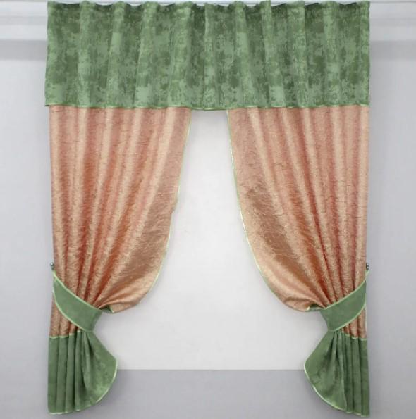 Комплект штор на кухню с ламбрекеном 270х170 см Персиковый/Оливковый (073к)