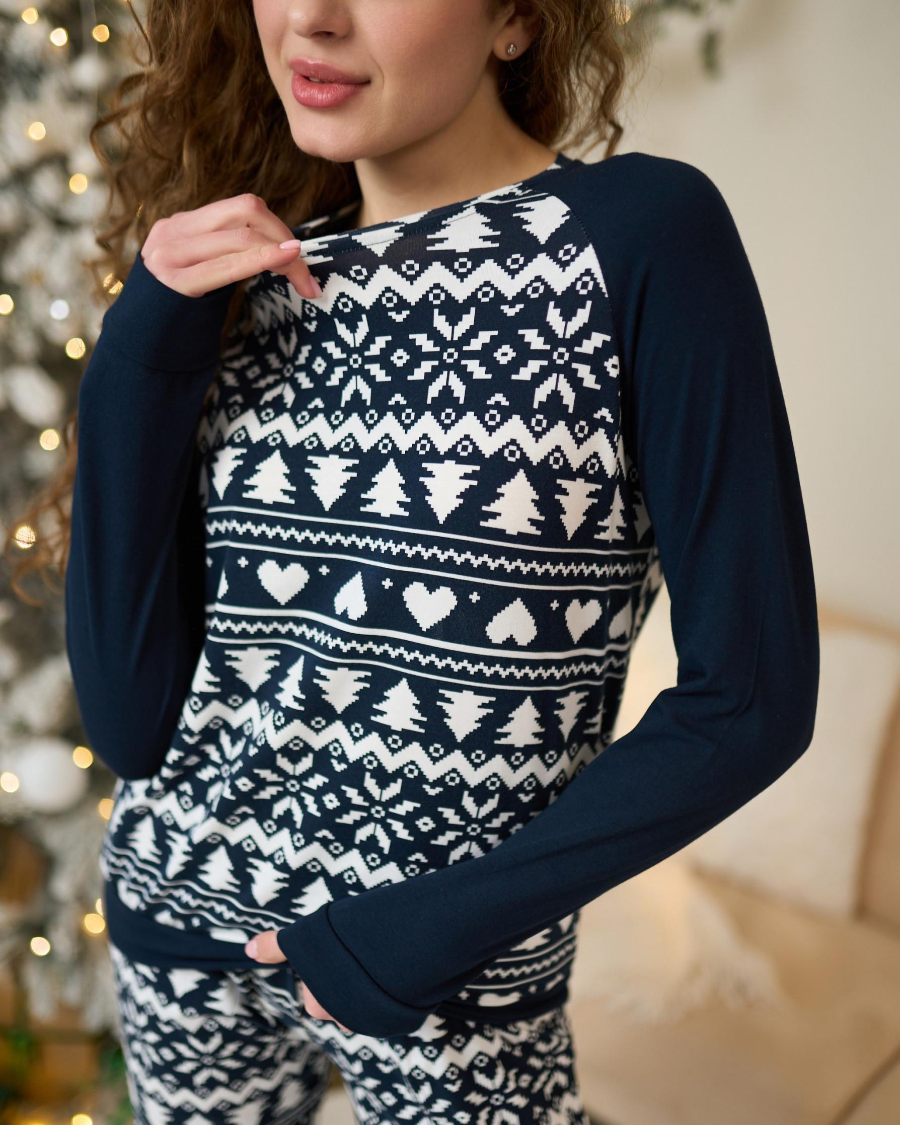 Комплект женский с брюками новогодний орнамент Family look для всей семьи Синий - фото 2 Комплект женский с брюками новогодний орнамент Family look для всей семьи Синий - фото 2