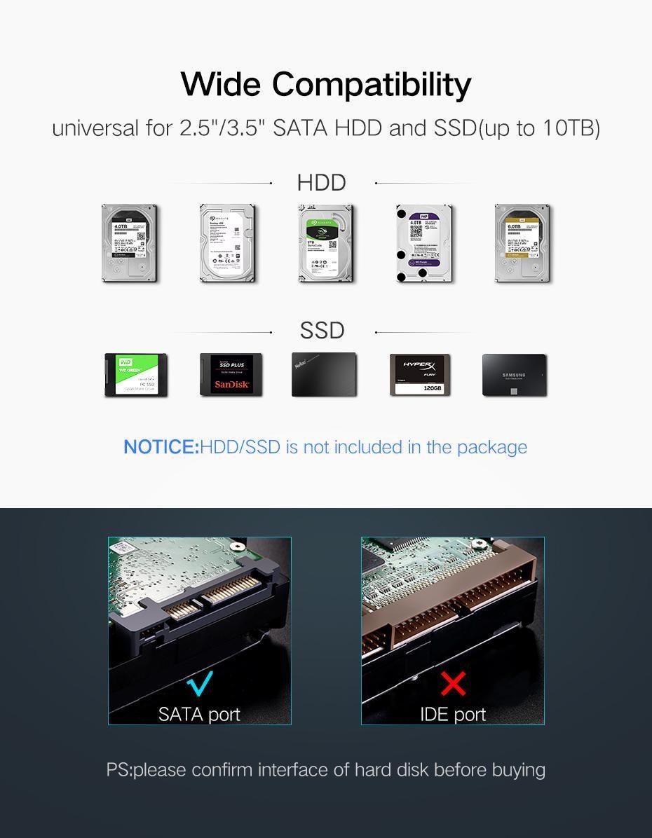 Корпус UGREEN для SSD/HDD 3,5 и 2,5 дюймовых/5 Гбит/с USB 3.0 до SATA III с кабелем USB-Micro-USB Type-B 3.0 Micro-B Черный (50422) - фото 3