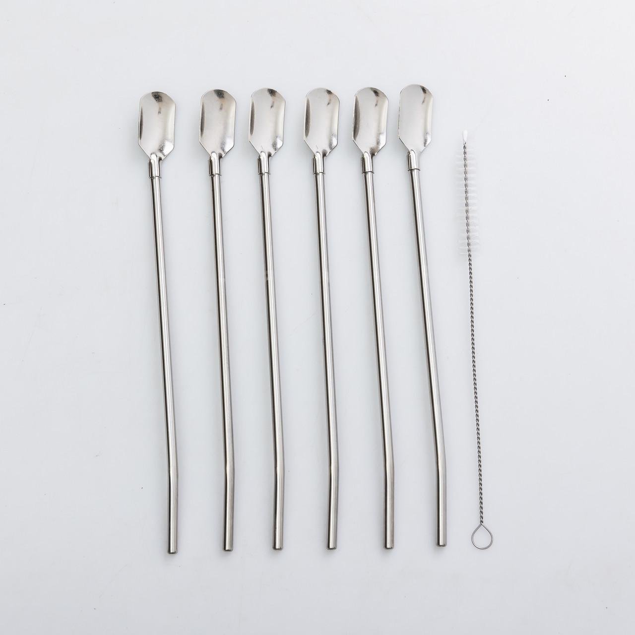 Набор многоразовых ложек-трубочек для напитков 22 см со щеткой для мойки из нержавеющей стали 6 шт. Металик Набор многоразовых ложек-трубочек для напитков 22 см со щеткой для мойки из нержавеющей стали 6 шт. Металик