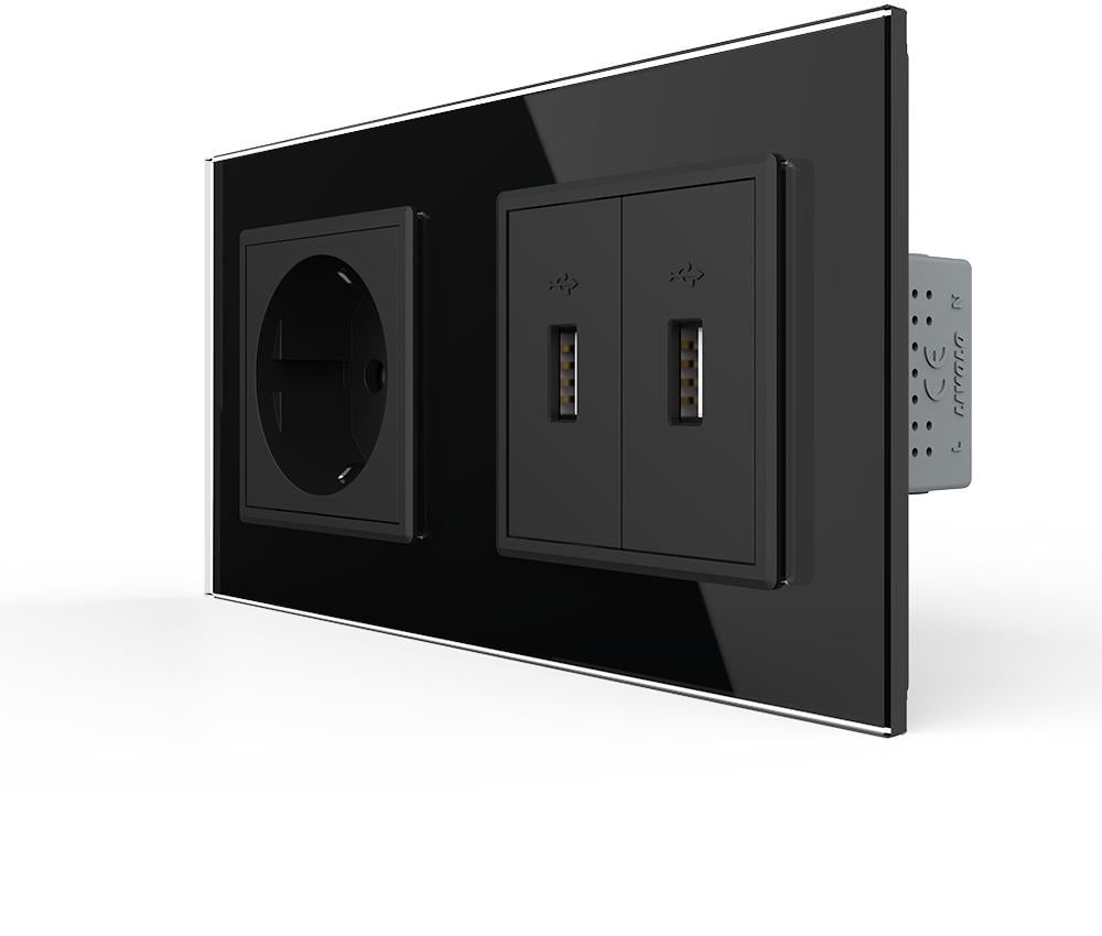 Розетка настенная LIVOLO с заземлением/двумя USB Розетка настенная мы дизайнерская стеклянная рамка Черный (VL-C7FCTC16A/FCUA/FCUA-4BP)