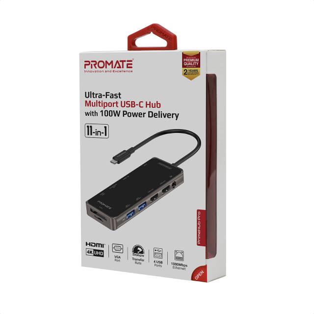 USB-C хаб 11в1 Promate PrimeHub-Pro USB-C PD/HDMI/VGA/2xUSB 3.0/2xUSB 2.0/RJ45/SD/MicroSD/AUX 3,5 мм Grey - фото 9