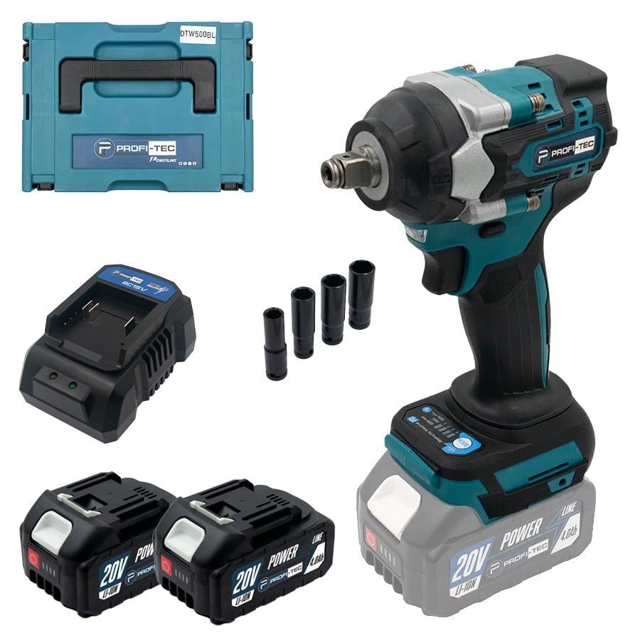 Гайковерт аккумуляторный ударный PROFI-TEC DTW500BL 20 В 350 Нм 2 аккумулятора 4 Ач кейс/головки 13/17/19/21 мм (LO-06516)