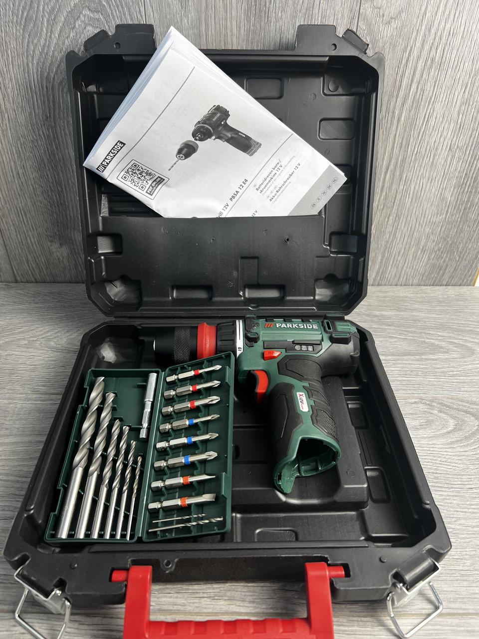 Дриль-шуруповерт PARKSIDE PBSA 12 E4 12 В з набором біт і свердел без АКБ