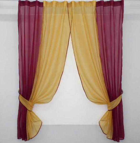 Шторки на кухню с подвязками шифон/органза 280х170 см Бордовый/Золотистый (017к)
