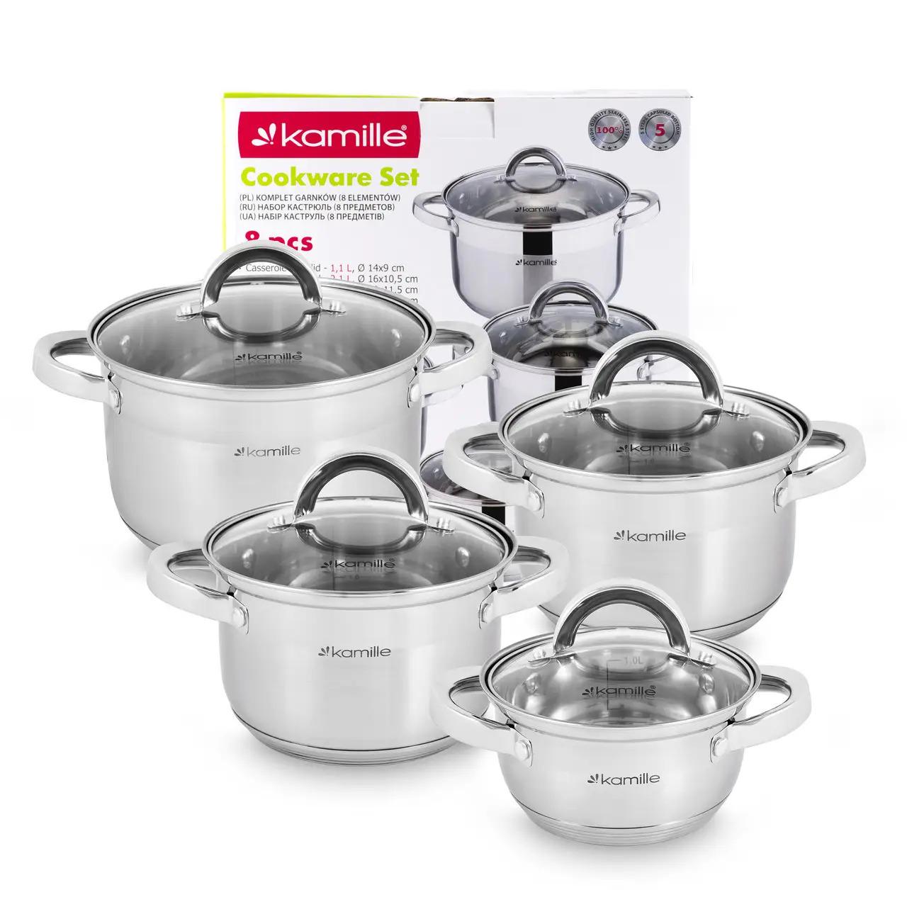 Набор кастрюль Kamille из нержавеющей стали 1 л/1,8 л/2,5 л/3,8 л 8 пр. (AM0002004)