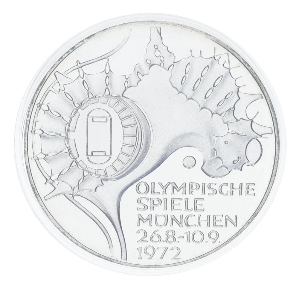 Коллекционная монета Германия 10 марок 1972 Серебро Proof XX летние Олимпийские игры в р. Мюнхен-Стадион Ag 625 15,5 г (М23327)