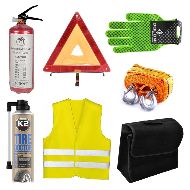 Набор автомобилиста вулканизатор шин/огнетушитель 1 кг/трос/аварийный знак/жилет/перчатки (56875685)