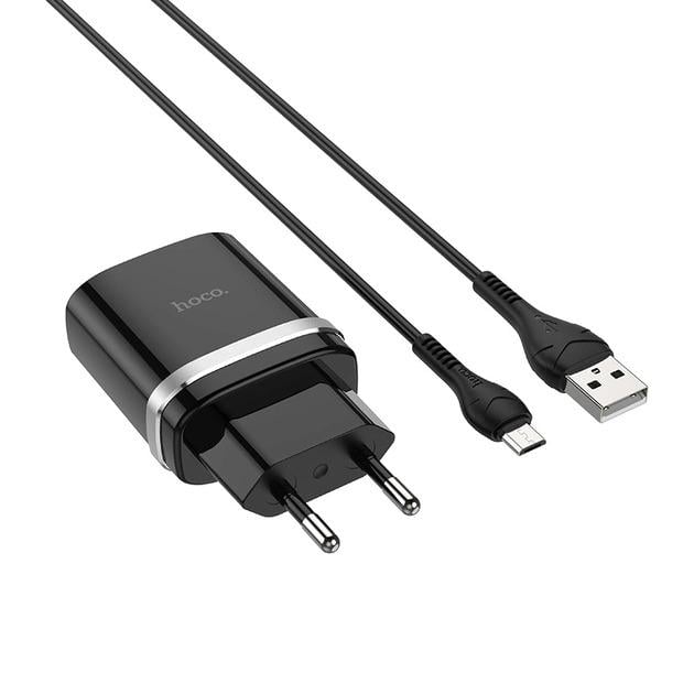 Пристрій мережевий зарядний Hoco C12Q Smart QC3.0 1 USB/3A з кабелем для заряджання USB/MicroUSB Чорний