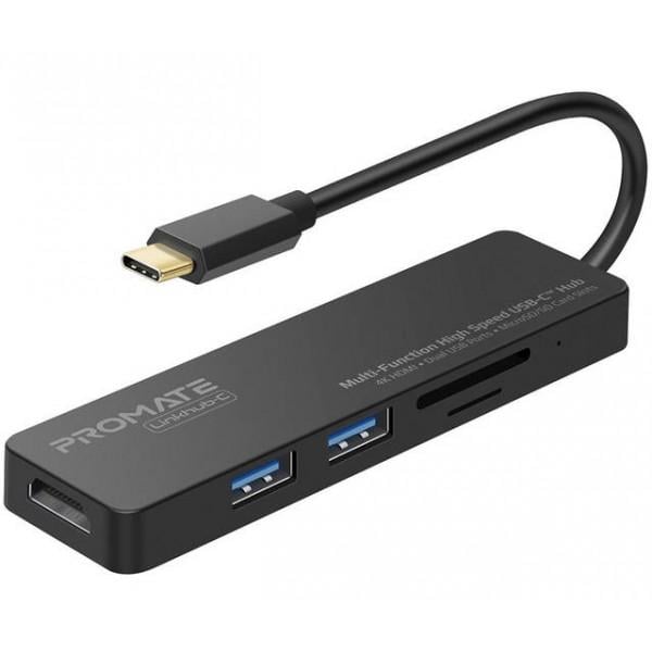 USB-C хаб 4-в-1 Promate LinkHub-C HDMI/2xUSB 3.0/SD/MicroSD Black