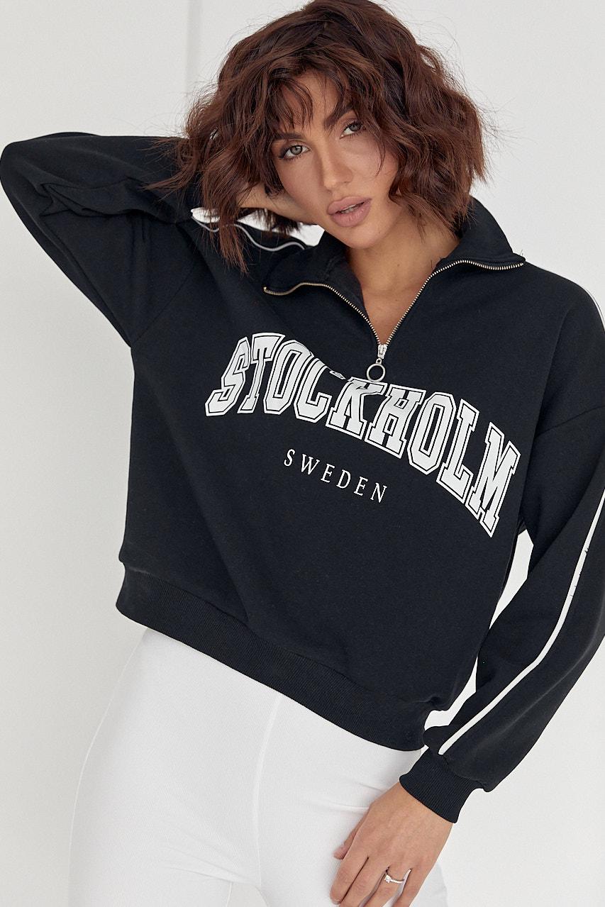 ᐉ Свитшот Stockholm с молнией на горловине и принтом M Черный • Купить ...