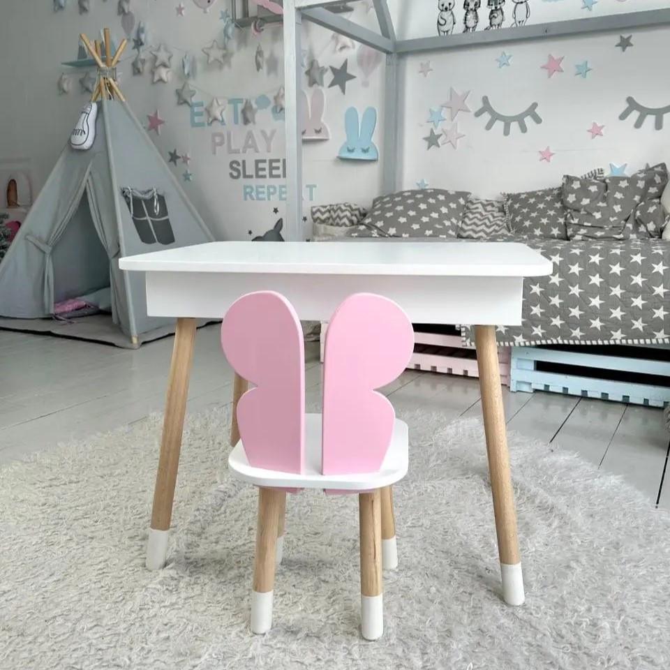 Детский столик с нишей для карандашей и раскрасок и стульчик бабочка Розовый/Белый