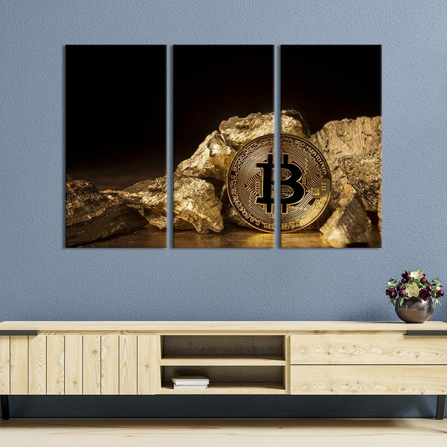 Модульная картина триптих Самородное золото и биткоин 78x48 см (526-31)