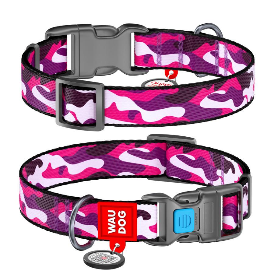 Ошейник для собак нейлоновый Waudog Nylon с QR паспортом пластиковый фастекс M 20 мм 24-40 см Розовый камо