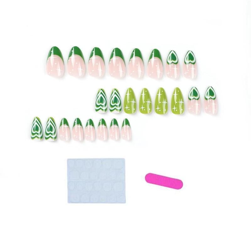 Накладные ногти Сердце со звездами миндаль средней длины с клеевыми пластинами 24 шт. Зеленый (2789190668)