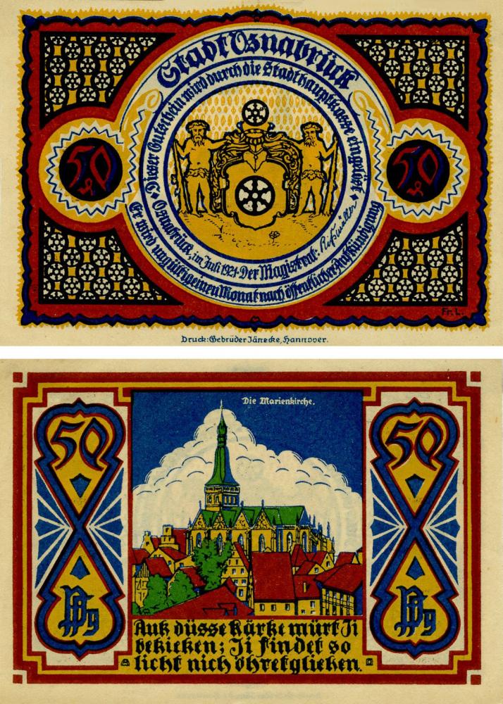 Коллекционная банкнота Германия Нотгельд 50 пфеннигов 1921 F-VF Оснабрюк -Мариенкирхе (Б16112)