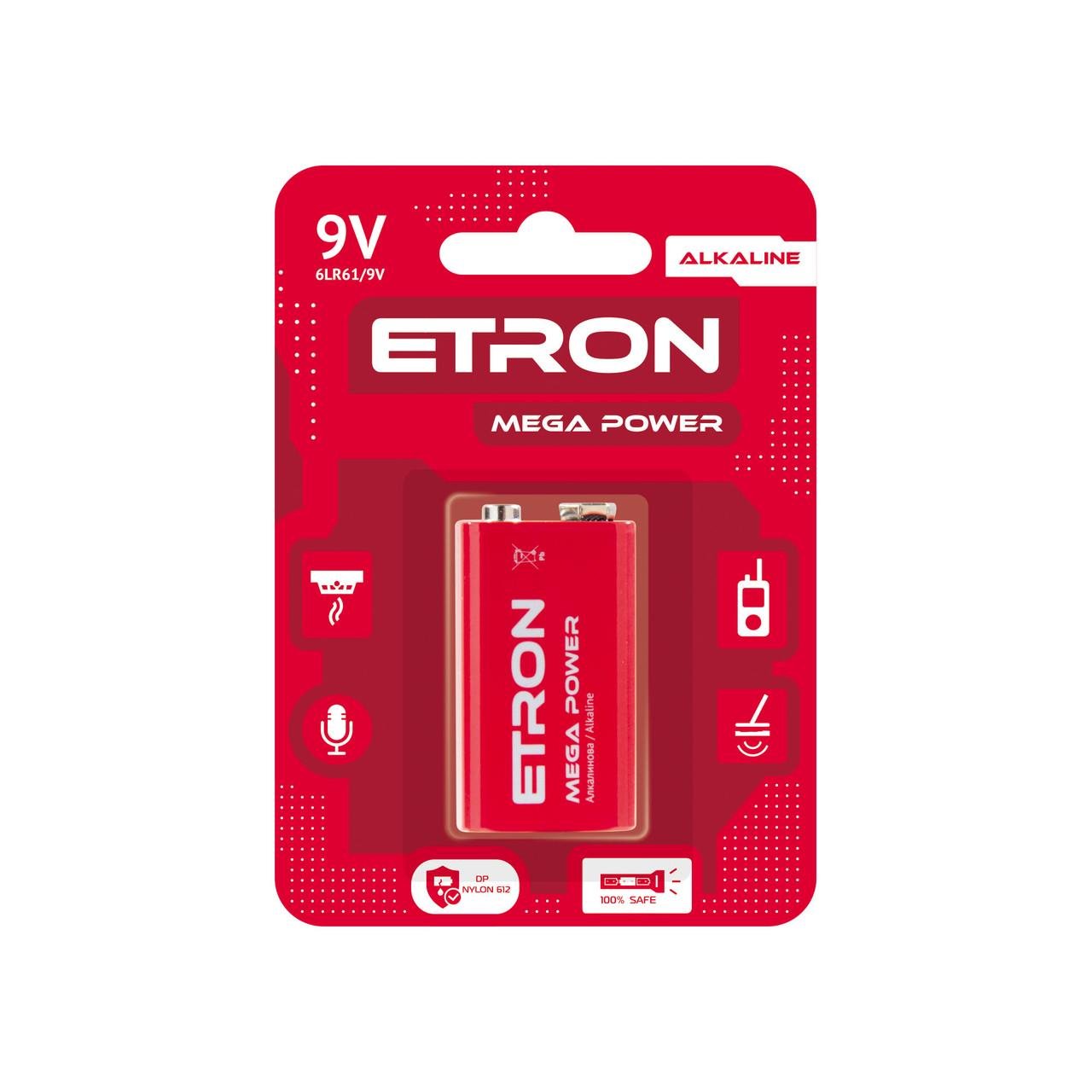 Батарейка крона 6LR61 9V щелочная ETRON Mega Power 1 шт.