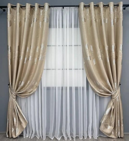 Шторы на люверсах лен Листья 1,5х2,5 м 2 шт. Бежевый (1693ш)