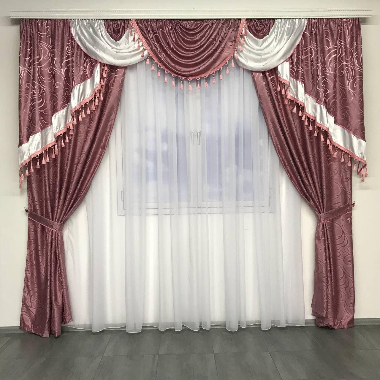 Готовые жаккардовые шторы с ламбрекеном ALBO 150х270 см 2 шт. Малиновый