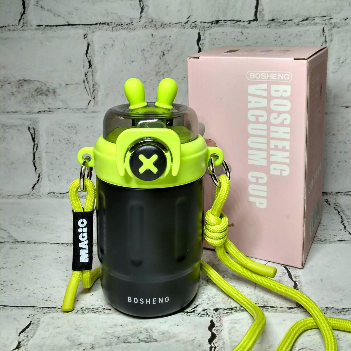 Термостакан с трубочкой Зайчик термочашка для кофе 14х7х6,5 см 300 мл Черный с салатовым (1893-1)