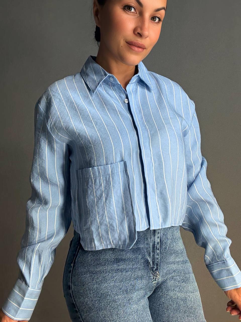 Сорочка жіноча MIX RAY 4447 укорочена з кишенею у тонку смужку M Блакитний (1398) - фото 4 Сорочка жіноча MIX RAY 4447 укорочена з кишенею у тонку смужку M Блакитний (1398) - фото 4