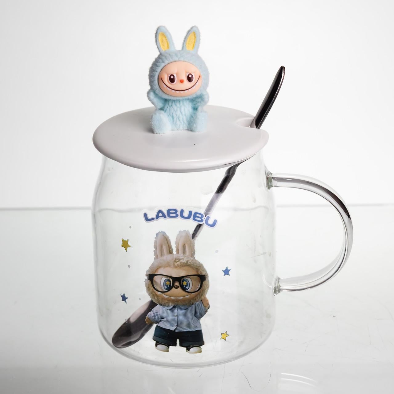 Чашка стеклянная с крышкой и ложкой Light House Лабуба LG-30141 CL BL для чая 600 мл Голубой