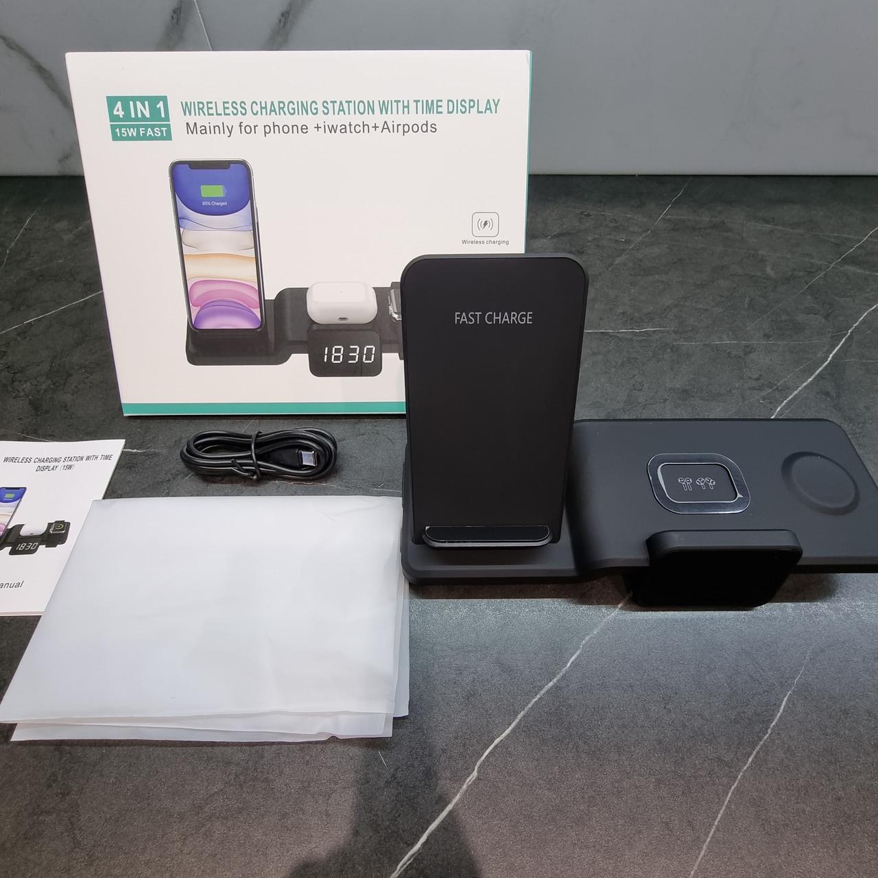 Безпровідна швидка зарядка 4в1 C100 Wirelless Fast Charger із цифовим годинником Чорний - фото 5