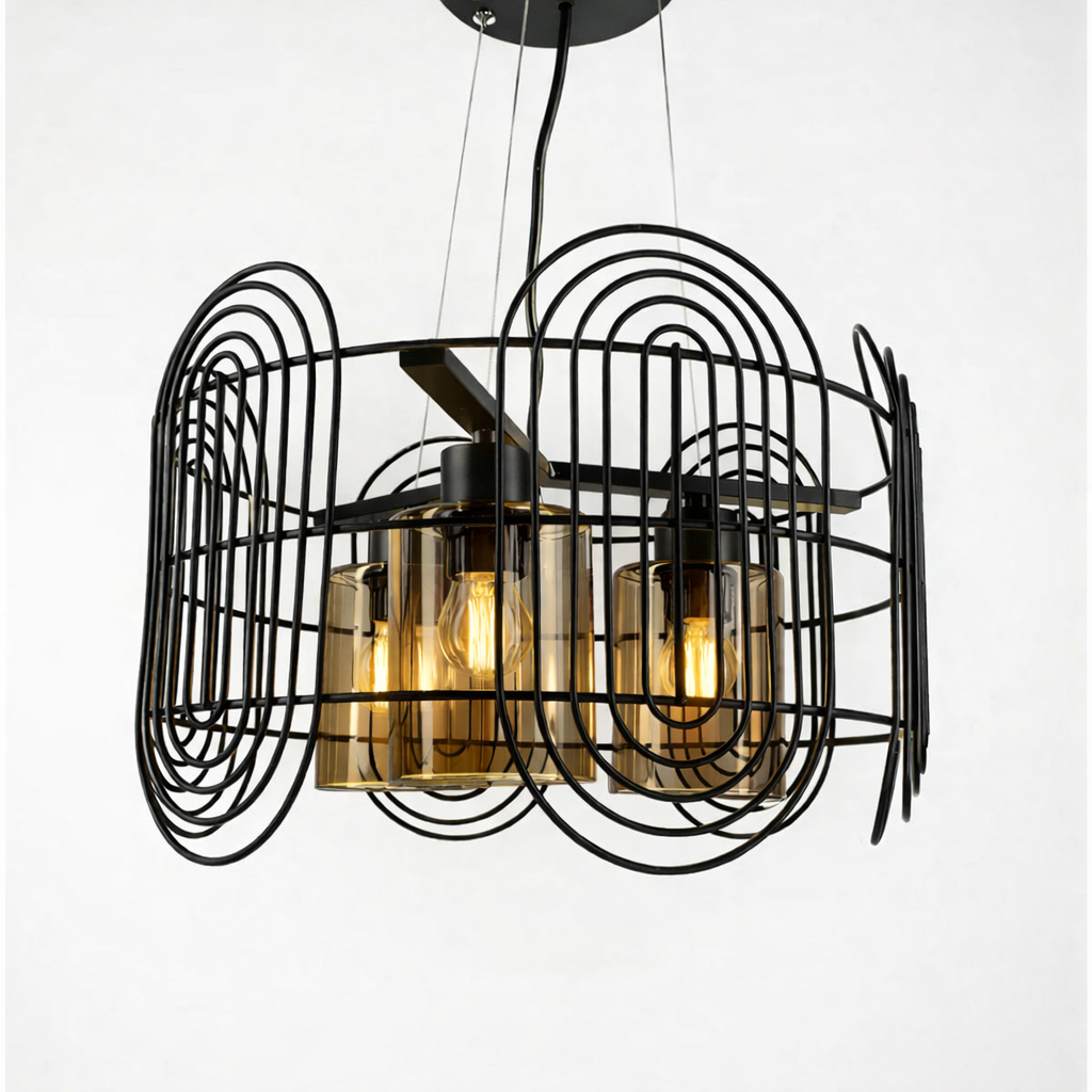 Люстра подвесная в стиле лофт на 3 янтарных плафона Черный (12018/3 BK_77) Люстра подвесная в стиле лофт на 3 янтарных плафона Черный (12018/3 BK_77)