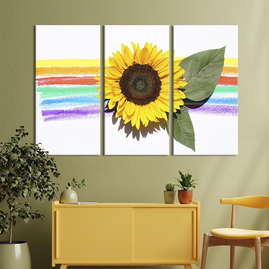 Картина на холсте триптих Подсолнух на фоне акварельной радуги 156x100 см (953-31)