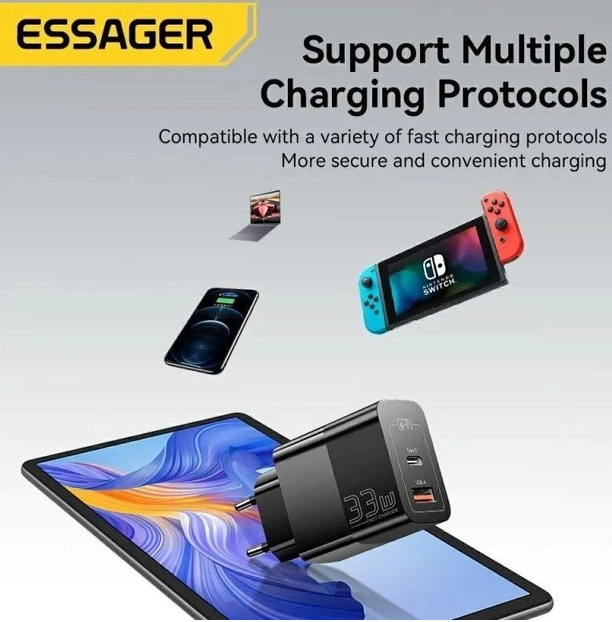 Зарядное устройство Essager 33W GaN PD USB-C и USB-A Black (0246) - фото 2 Зарядное устройство Essager 33W GaN PD USB-C и USB-A Black (0246) - фото 2