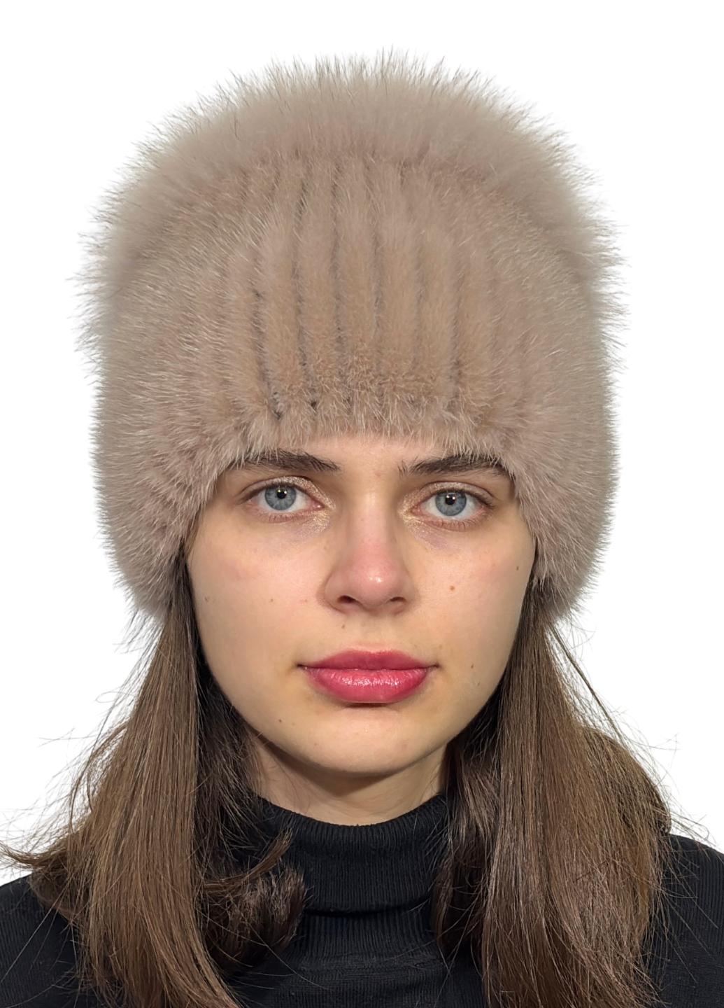 Женская вязаная норковая шапка Меховой стиль Колибри-разрез с помпоном натуральный мех XL-XXL Какао (120/1/C)