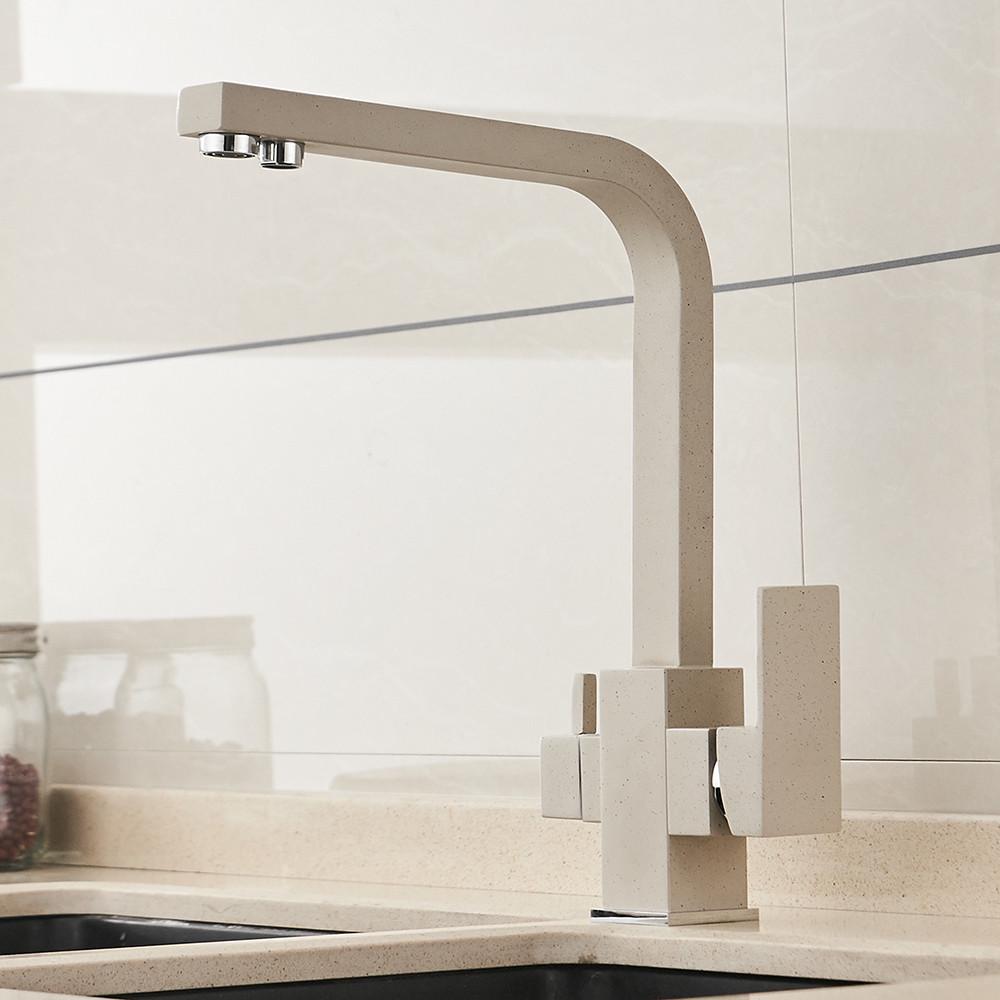 Змішувач на раковину для фільтрованої води для кухні кран WanFan 2 види подачі води двоважільний Бежевий