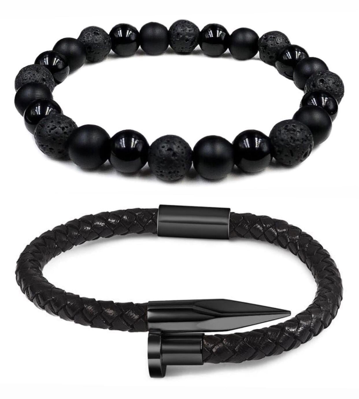 Комплект браслетів зі шкіри у формі цвяха та міксу з агату/шунгіту/лавового каменю р. 15 (12116)