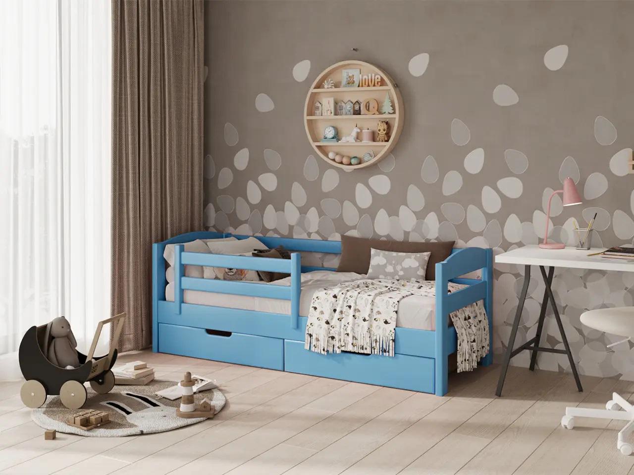 Кровать подростковая STEMMA Микки с ящиками натуральное дерево сосна 90x200 см Голубой (52575)