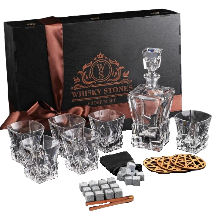 Подарочный набор для алкоголя камни для виски Whiskey Stones 24 шт./6 хрустальных стаканов Bohemia Crack 310 мл и графин 900 мл