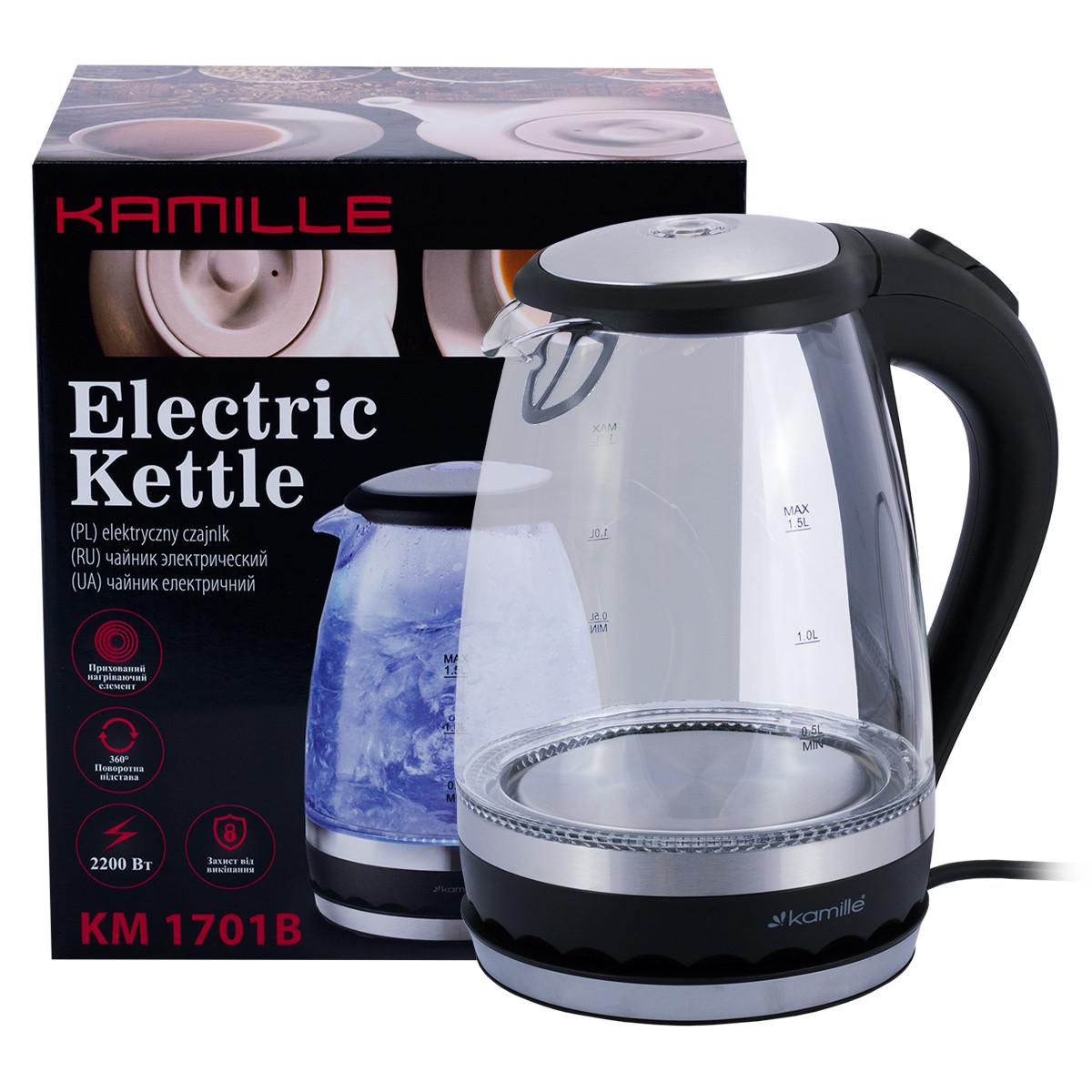 Электрочайник Kamille KM-1701B с синей LED подсветкой и стальными декоративными вставками 1,5 л (1735044016)