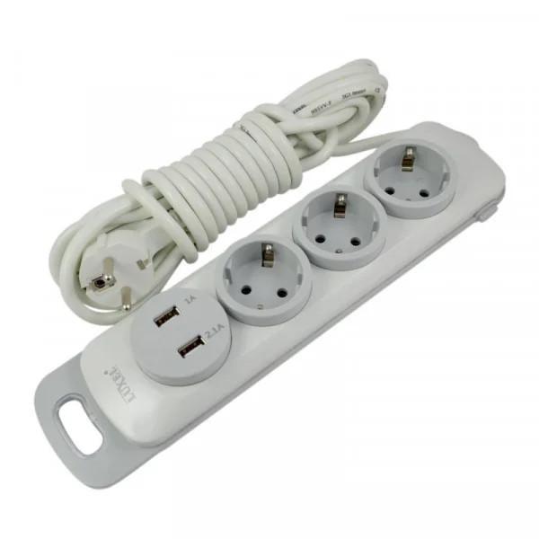 Подовжувач тримісний мережевий Luxel Nota 2хUSB з заземленням та вимикачем 5 м (27849460)