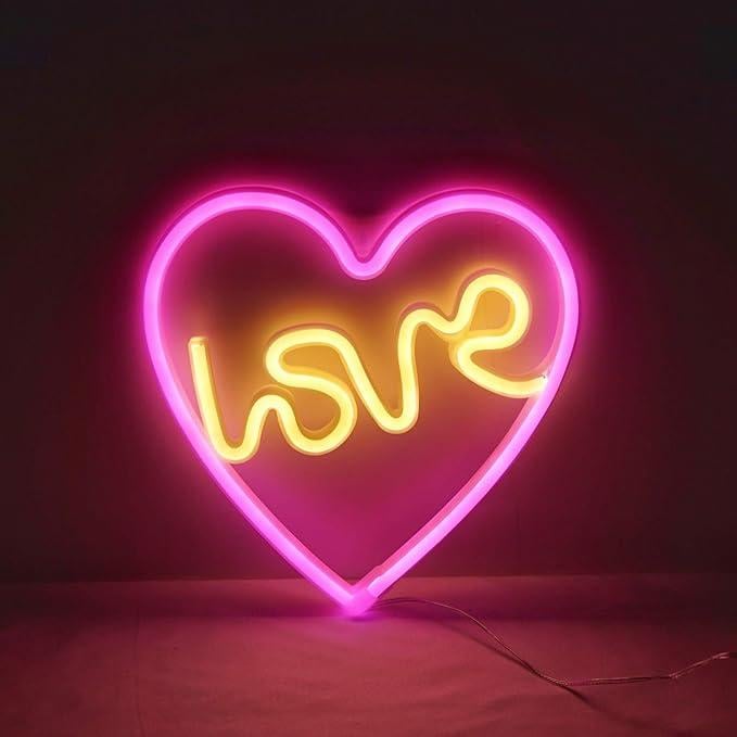 Светильник неоновый Сердце LOVE на подставке на батарейках USB 26х28 см Желто-розовый