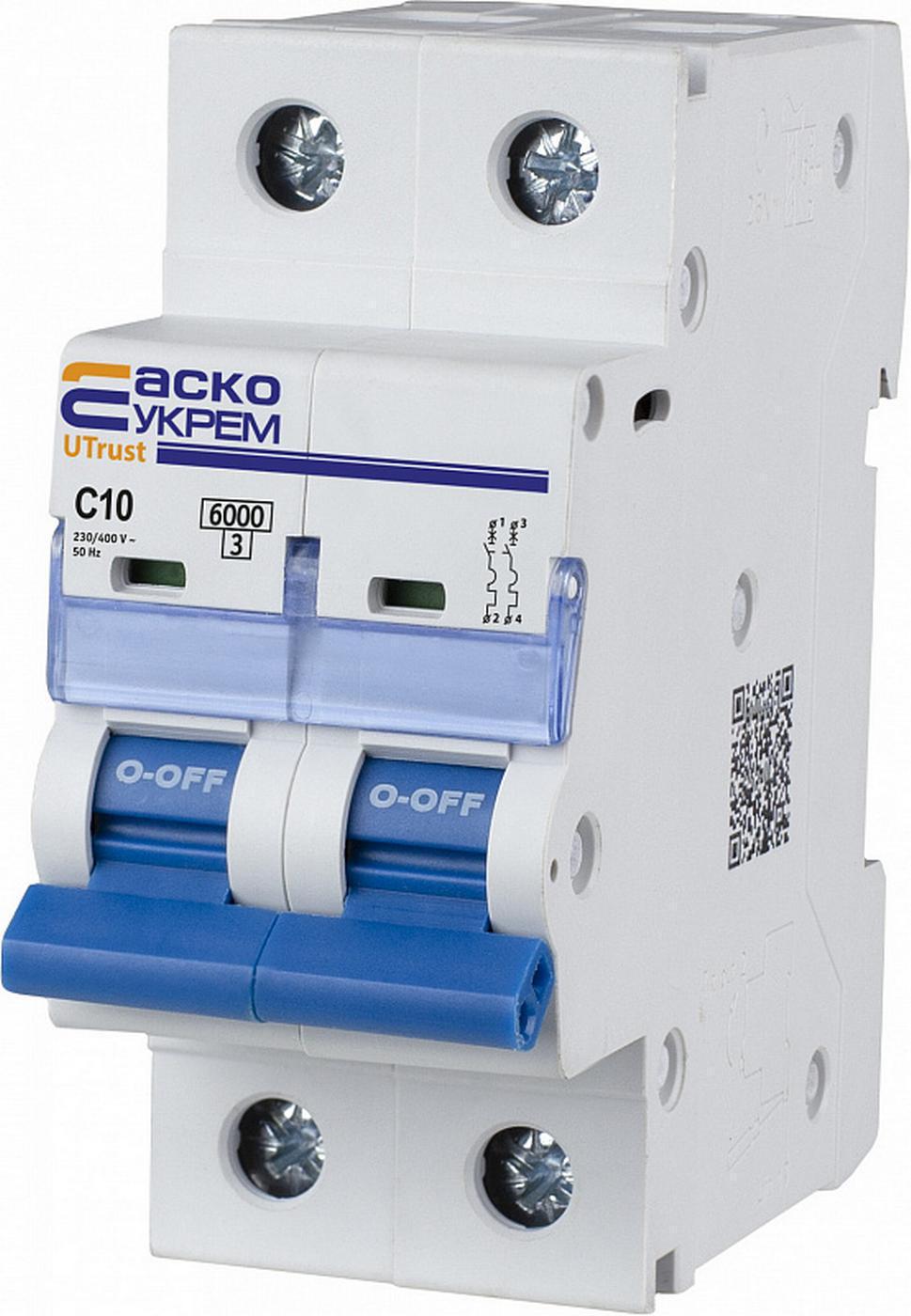 Автоматический выключатель модульный АСКО-УКРЕМ UTrust 2р 10А С 6 kА (A0010210064)