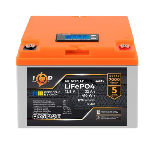 Аккумулятор LogicPower LiFePO4 12,8V 32 Ah 410Wh с BMS 50A/25A и LCD дисплеем (30492698)