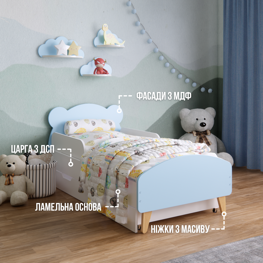 Детская кроватка Мишка с ящиками и бортиками для детей 3-7 лет для мальчиков 140х70 см Голубой - фото 2 Детская кроватка Мишка с ящиками и бортиками для детей 3-7 лет для мальчиков 140х70 см Голубой - фото 2