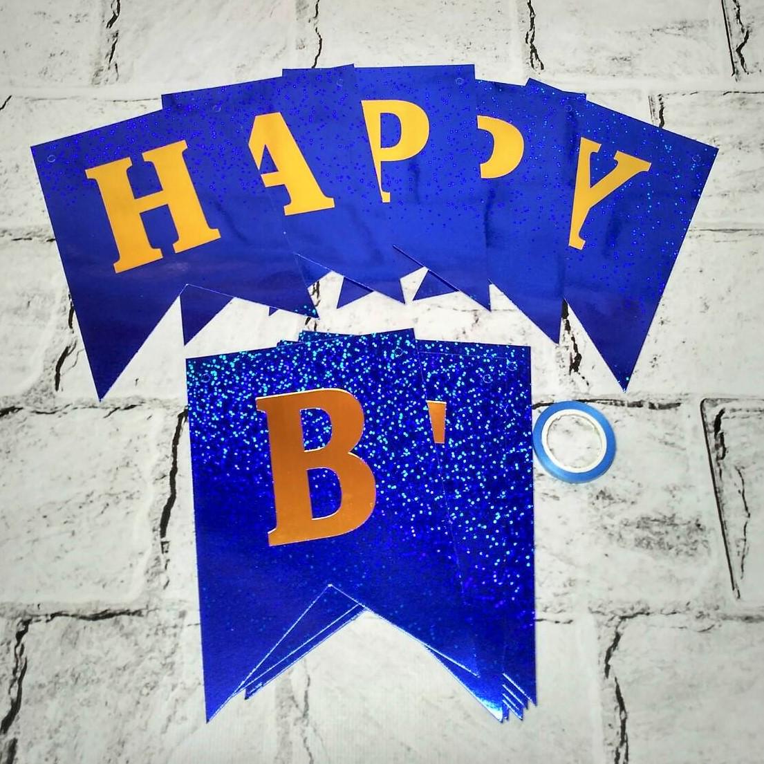 Гирлянда-флажки с буквами "Happy Birthday" голограмма Синий (1778-5)
