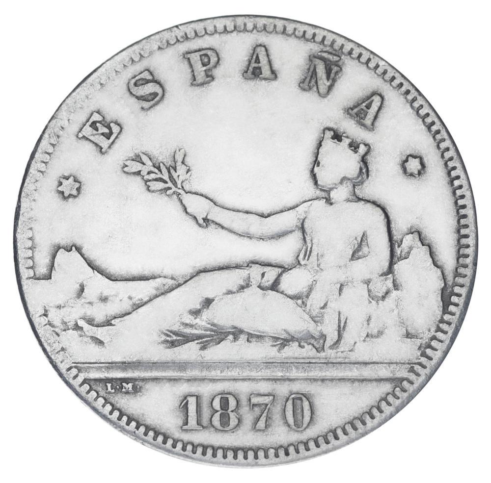 Коллекционная монета Испания 2 песеты 1870 серебро F-VF Временное правительство 1869 1874 Ag 835 10 г (М19828)