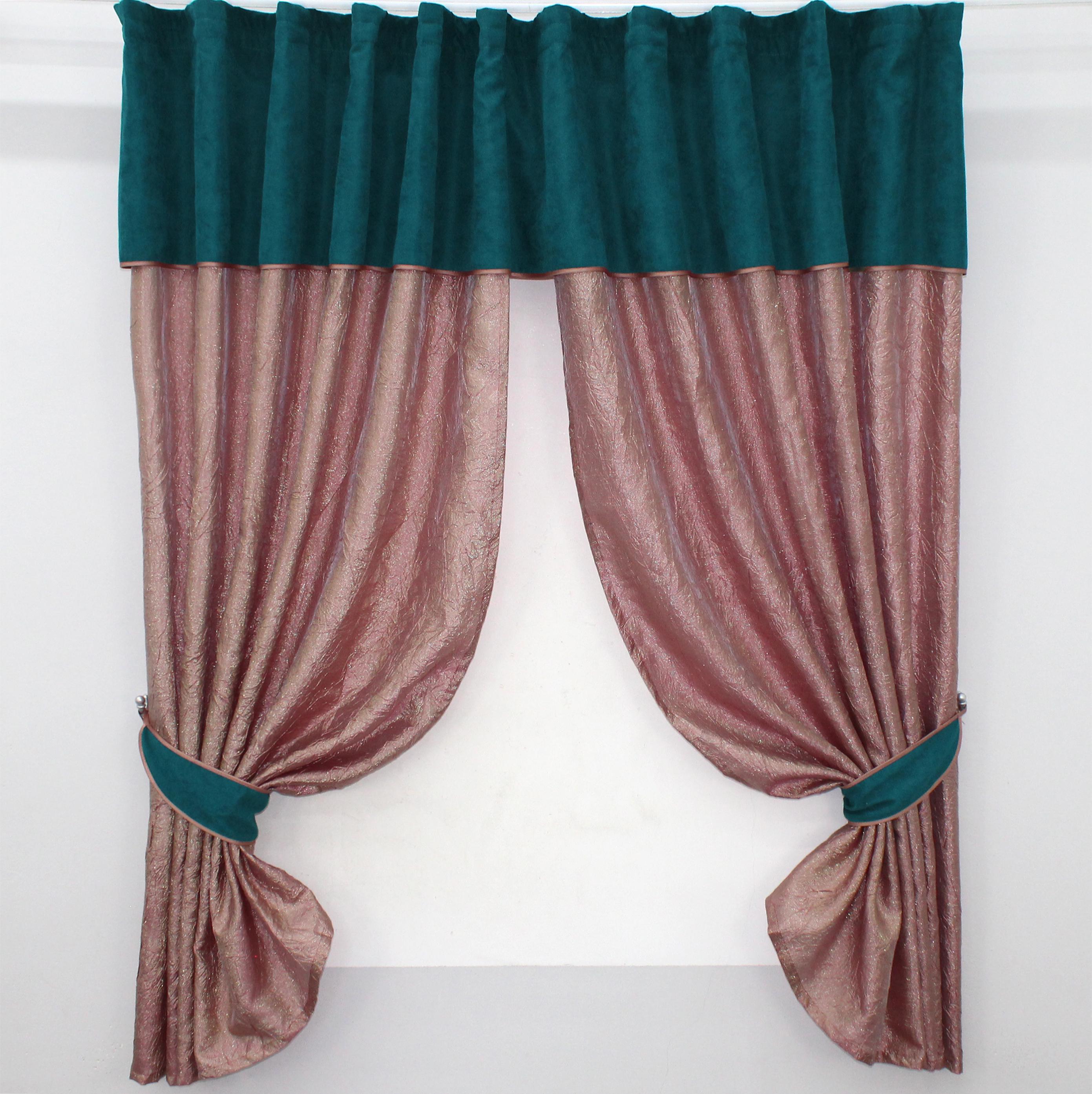 Шторы кухонные VR-Textil № 073к с ламбрекеном и подхватами 280х170 см Розовый/Золотистый/Темно-бирюзовый (52-0367)