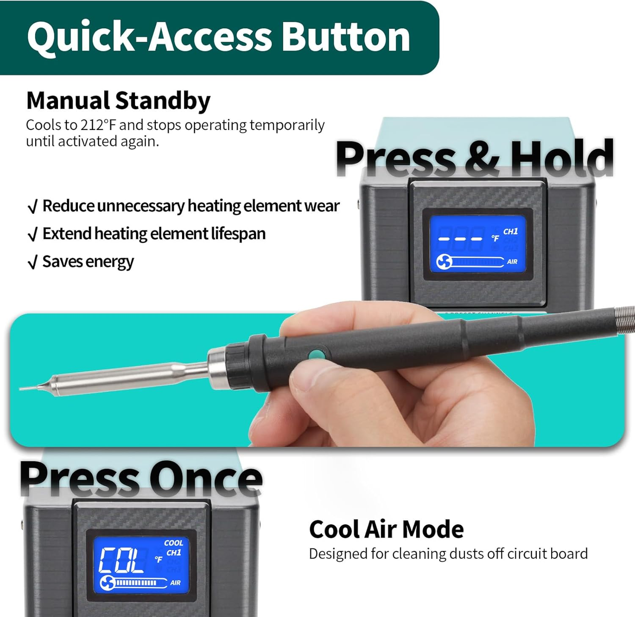 Паяльная станция YIHUA 8509-I 170W трмовоздушная мини с дисплеем 100°C~480°C 8 насадок (2689681519) - фото 2