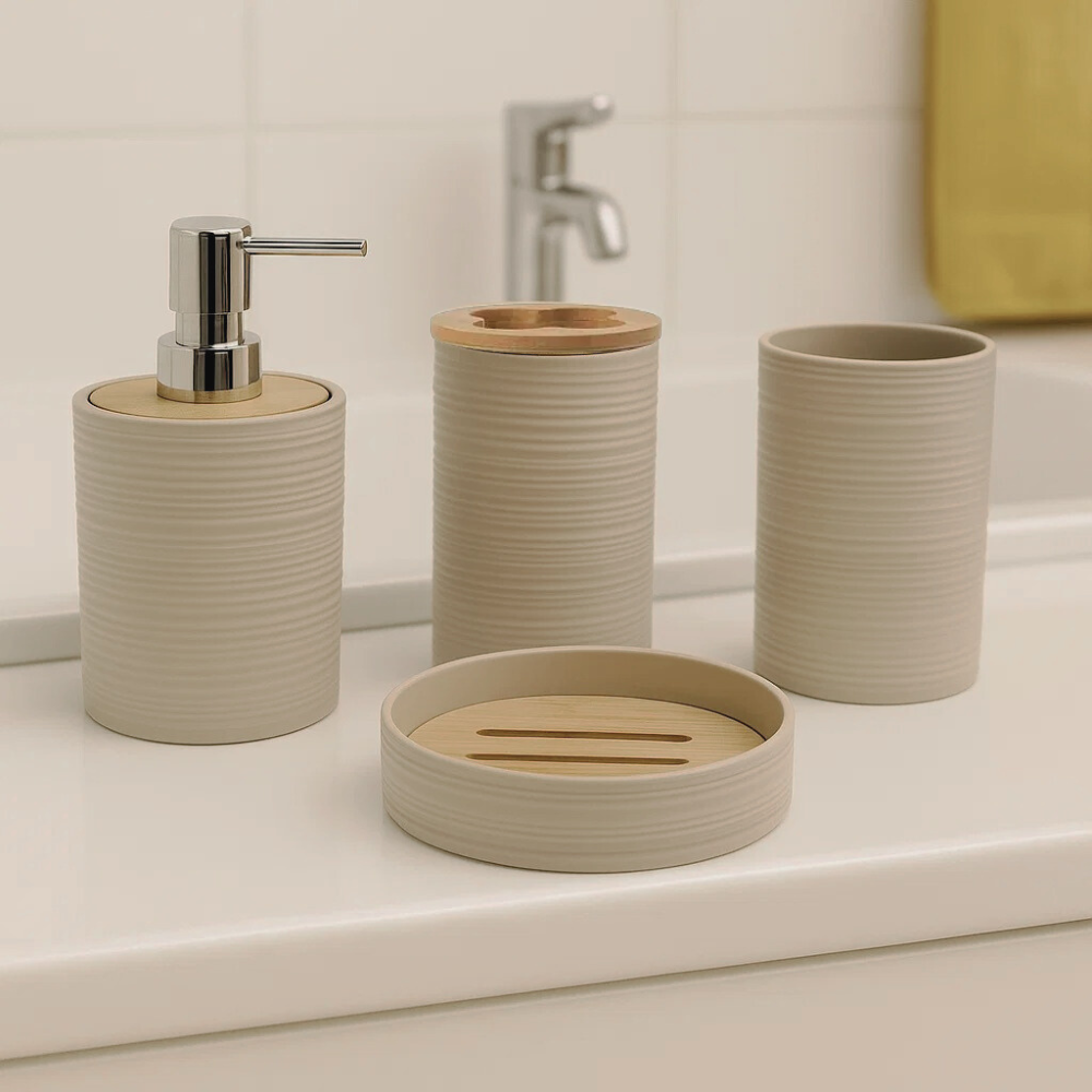 Набор аксессуаров для ванной комнаты и душа 4в1 дозатор для мыла мыльница и стаканы пластиковый Бежевый
